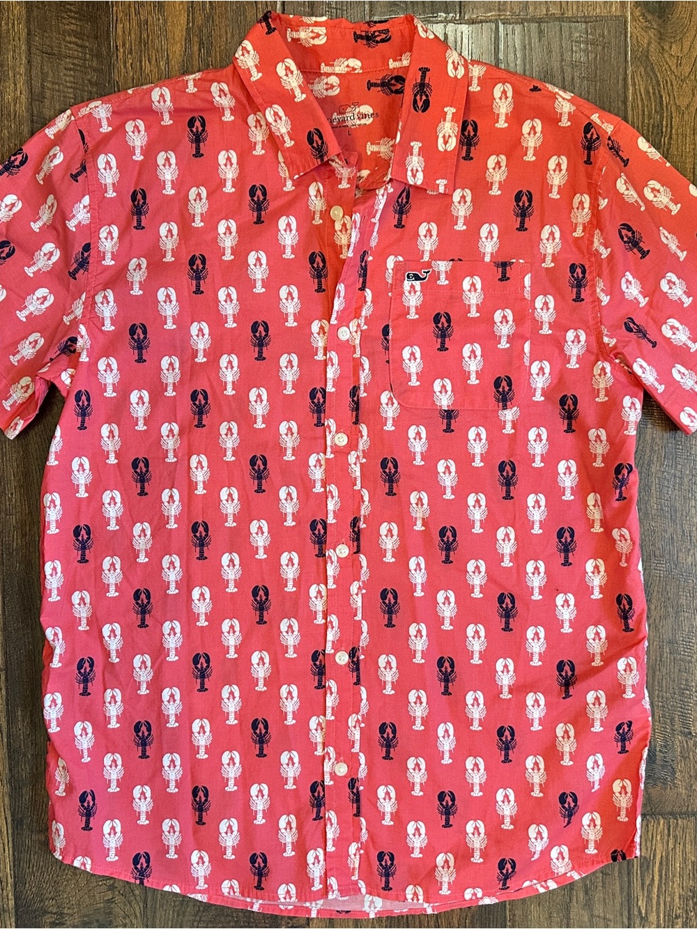 Vineyard Vines Boys Large Lobster Print Button Front Shirt Red Short Sleeve